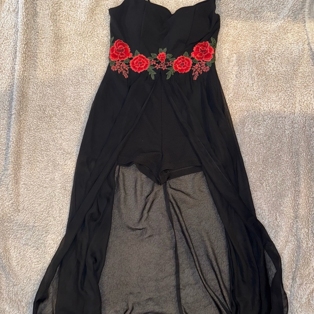 Elegant Black Dress with Red Floral Embroidery